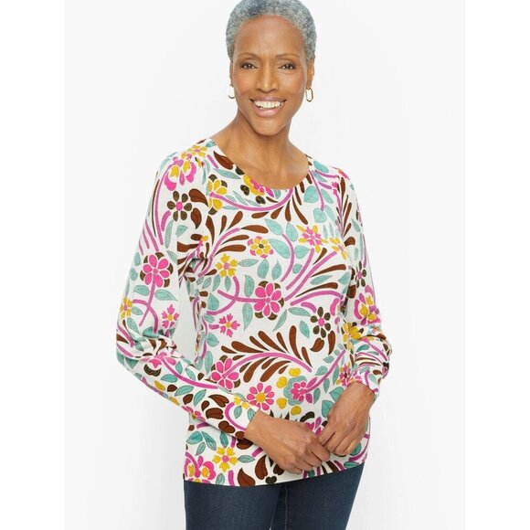 Talbots Boho Floral Merino Wool Puff Sleeve Sweater Medium Pink Blue Colorful - Picture 1 of 10